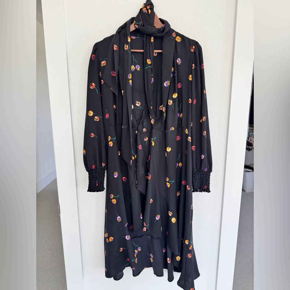 CAbi Black Floral Dress with Teal and Peach Accents